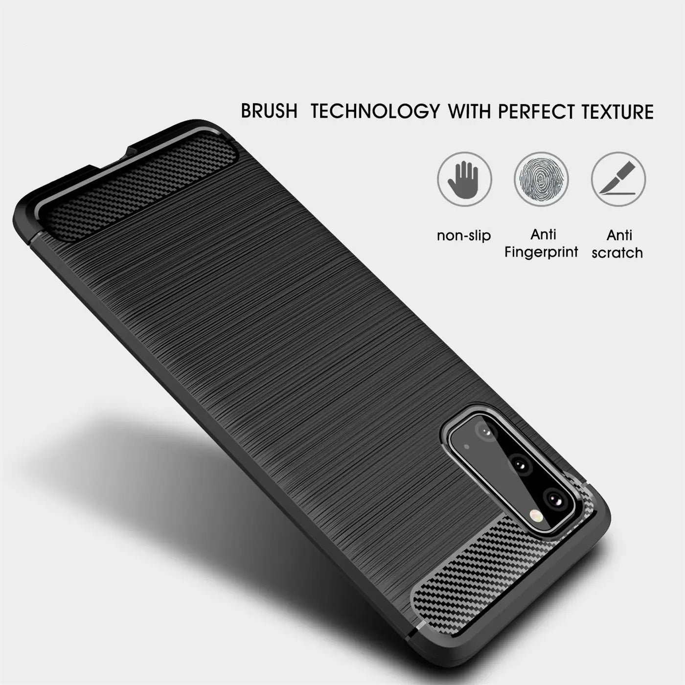 Schwarze Carbon-Hülle für Samsung Galaxy S20, von schräg oben, gebürstete Textur.