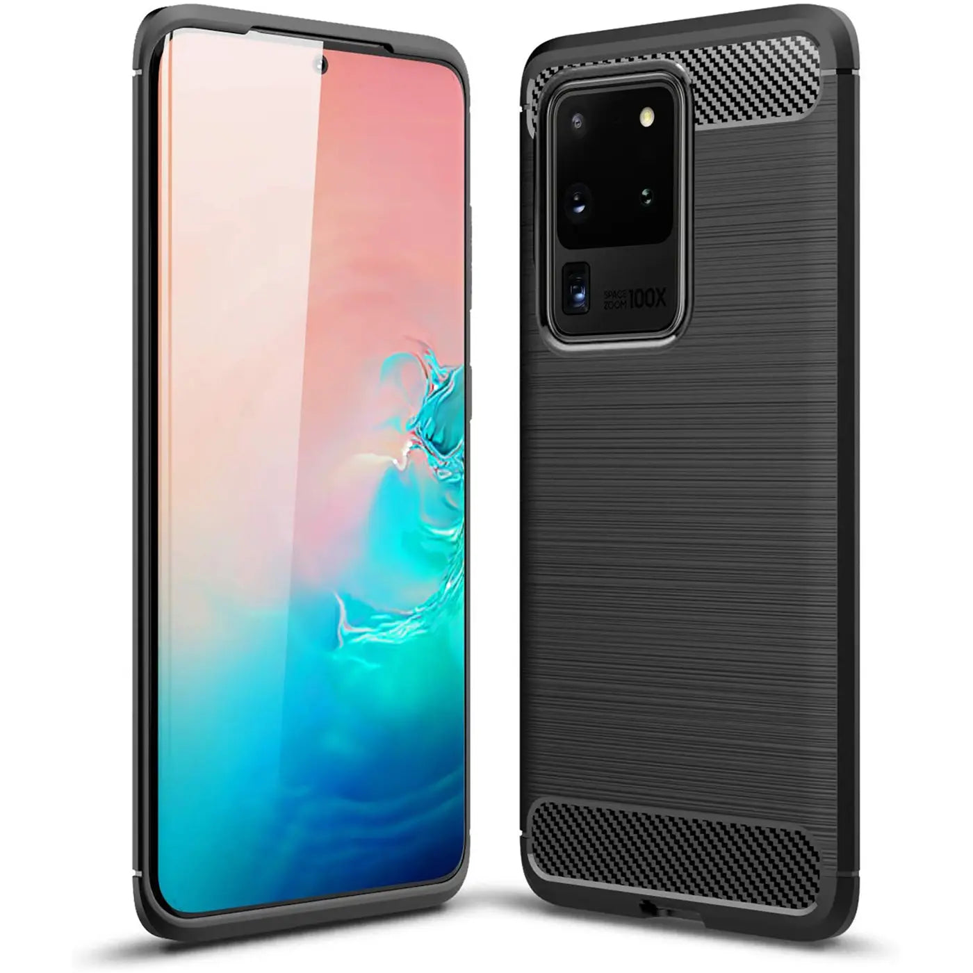 Schwarze Carbon-Hülle für Samsung Galaxy S20 Ultra, von vorne und hinten gezeigt.