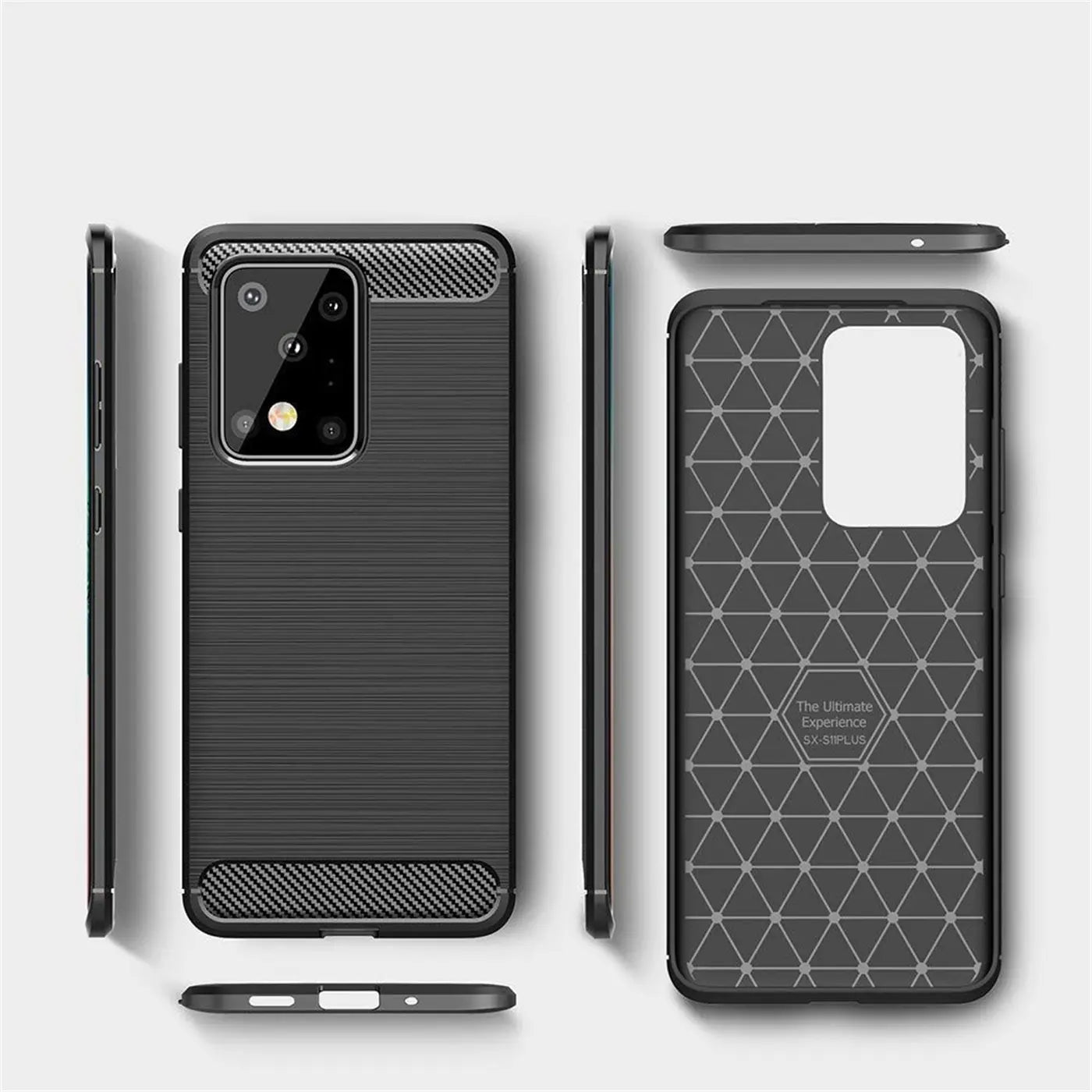 Schwarze Carbon-Hülle, Vorder- und Rückansicht, für Samsung Galaxy S20 Ultra.