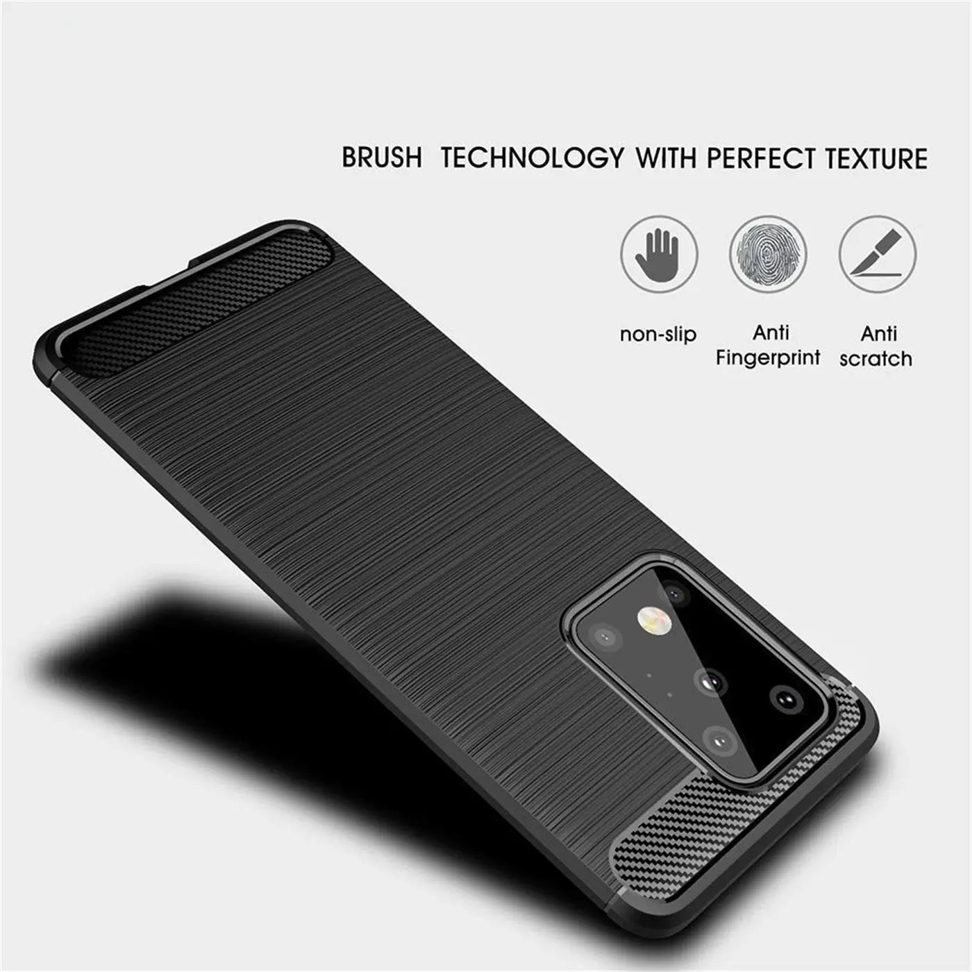 Schwarze Carbon-Hülle für Samsung Galaxy S20 Ultra, von schräg oben, mit Kamera-Ausschnitt.