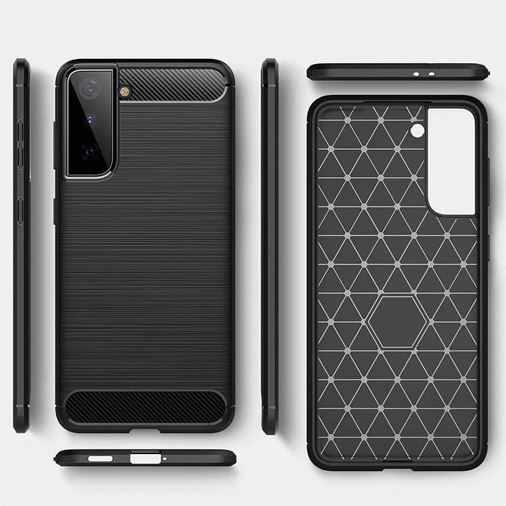 Schwarze Carbon-Hülle für Samsung Galaxy S21 FE, Vorder- und Rückansicht, Stoßfest