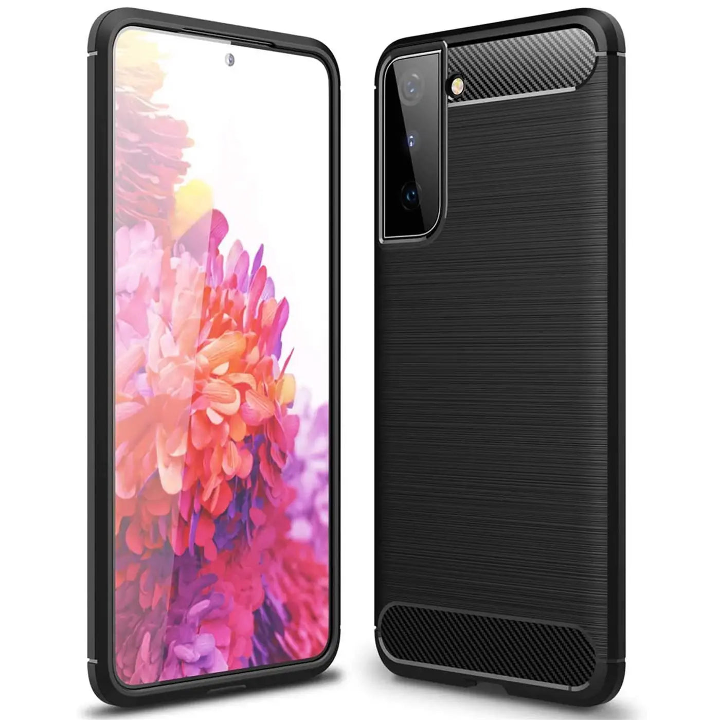 Schwarze Carbon-Hülle für Samsung Galaxy S21, von vorne und hinten gezeigt.