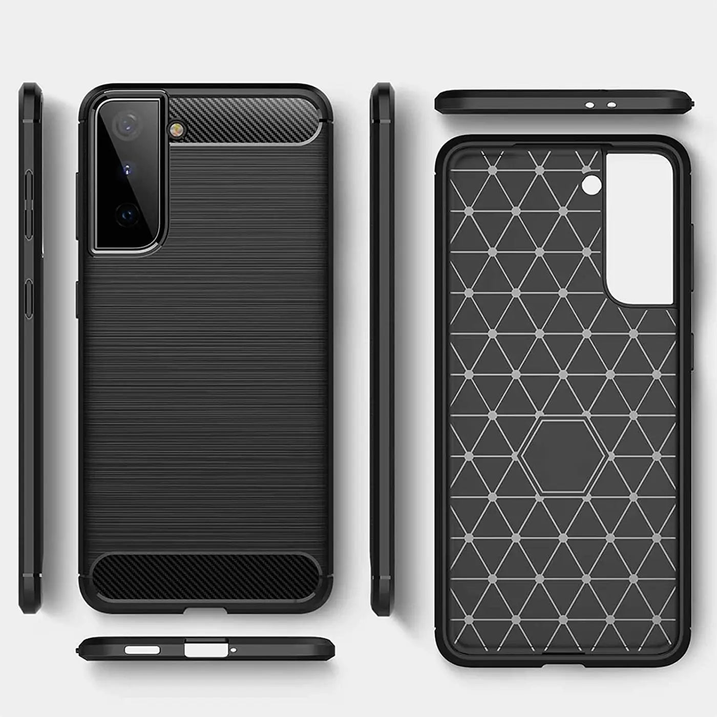 Schwarze Carbon-Hülle für Samsung Galaxy S21, Vorder- und Rückansicht, Seitenansicht.