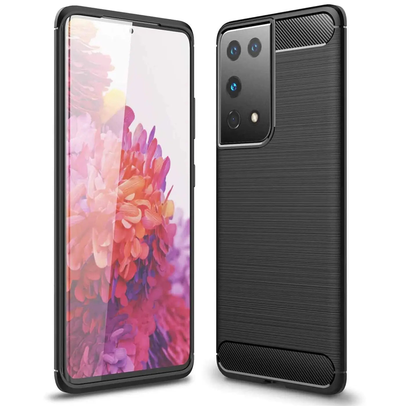 Schwarze Carbon-Hülle, von vorne und hinten, für Samsung Galaxy S21 Ultra.