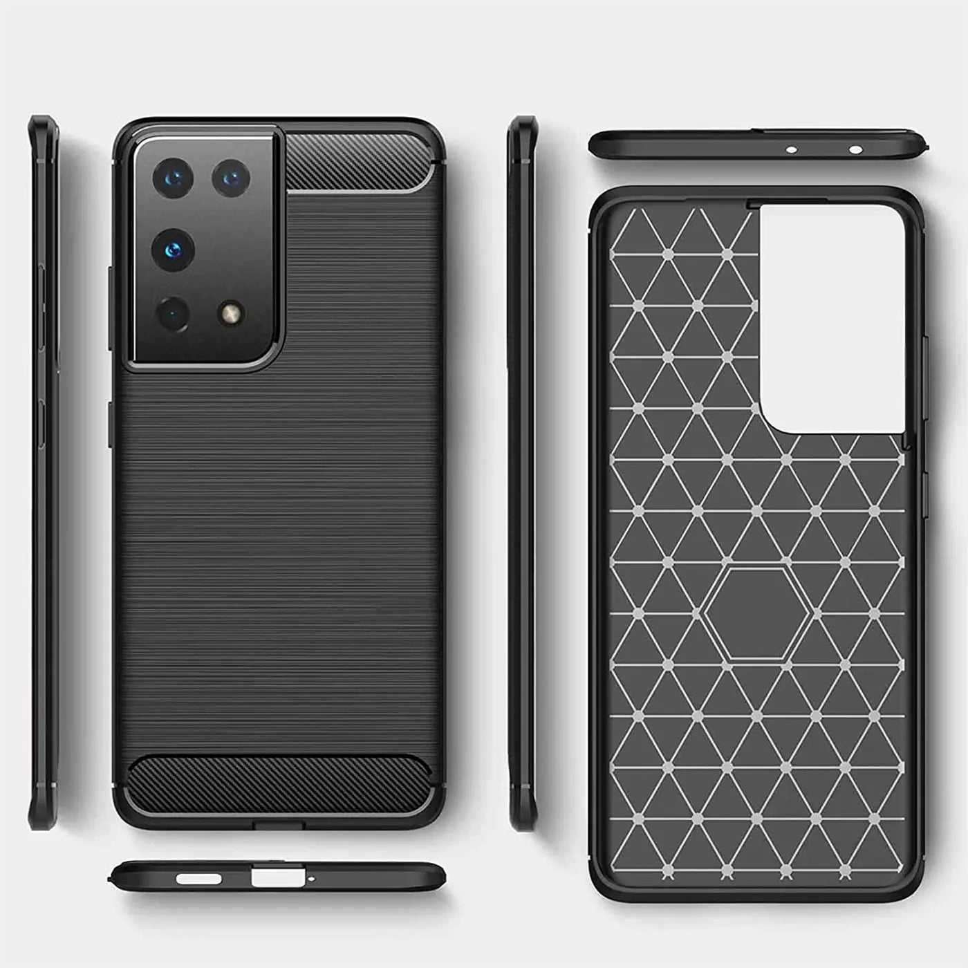 Schwarze Carbon-Hülle für Samsung S21 Ultra, Rückseite mit Muster, Vorderseite mit Kamera.