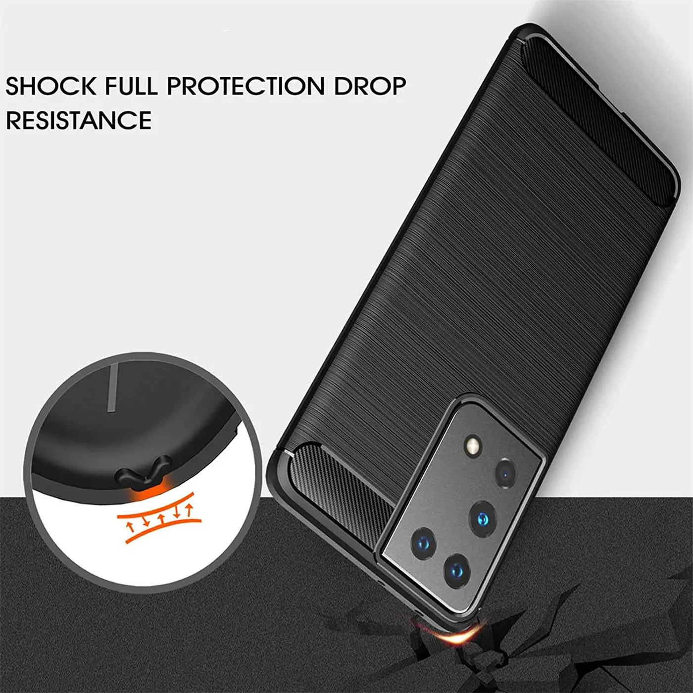 Schwarze Carbon-Hülle für Samsung S21 Ultra, von schräg oben, stoßfest.