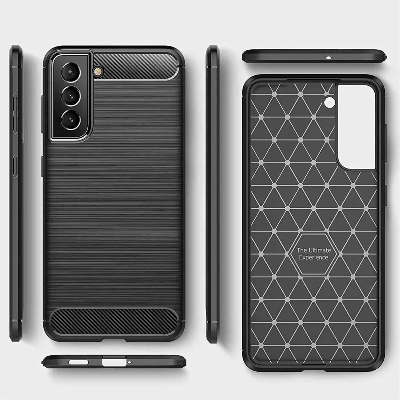 Schwarze Carbon-Hülle für Samsung Galaxy S22 Plus, von vorne und innen gezeigt.