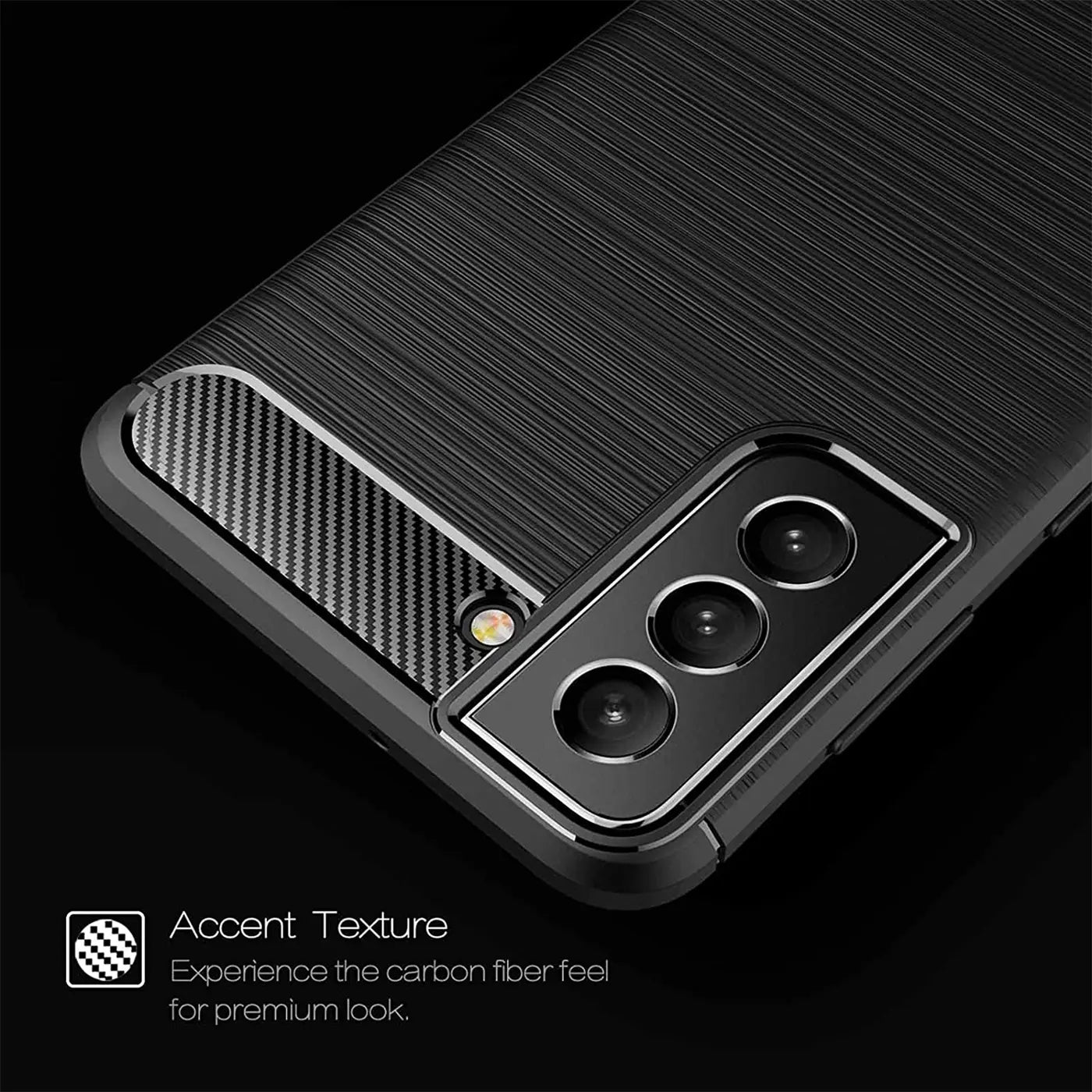 Schwarze Carbon-Hülle mit gebürsteter Textur, Nahaufnahme der Kamera, Samsung S22 Plus.