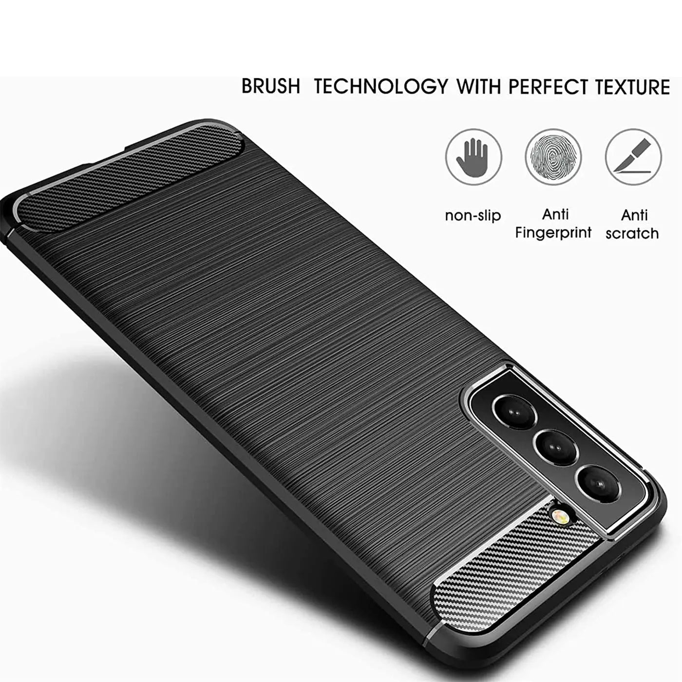 Schwarze Carbon-Hülle für Samsung Galaxy S22 Plus, von schräg oben, gebürstete Textur.