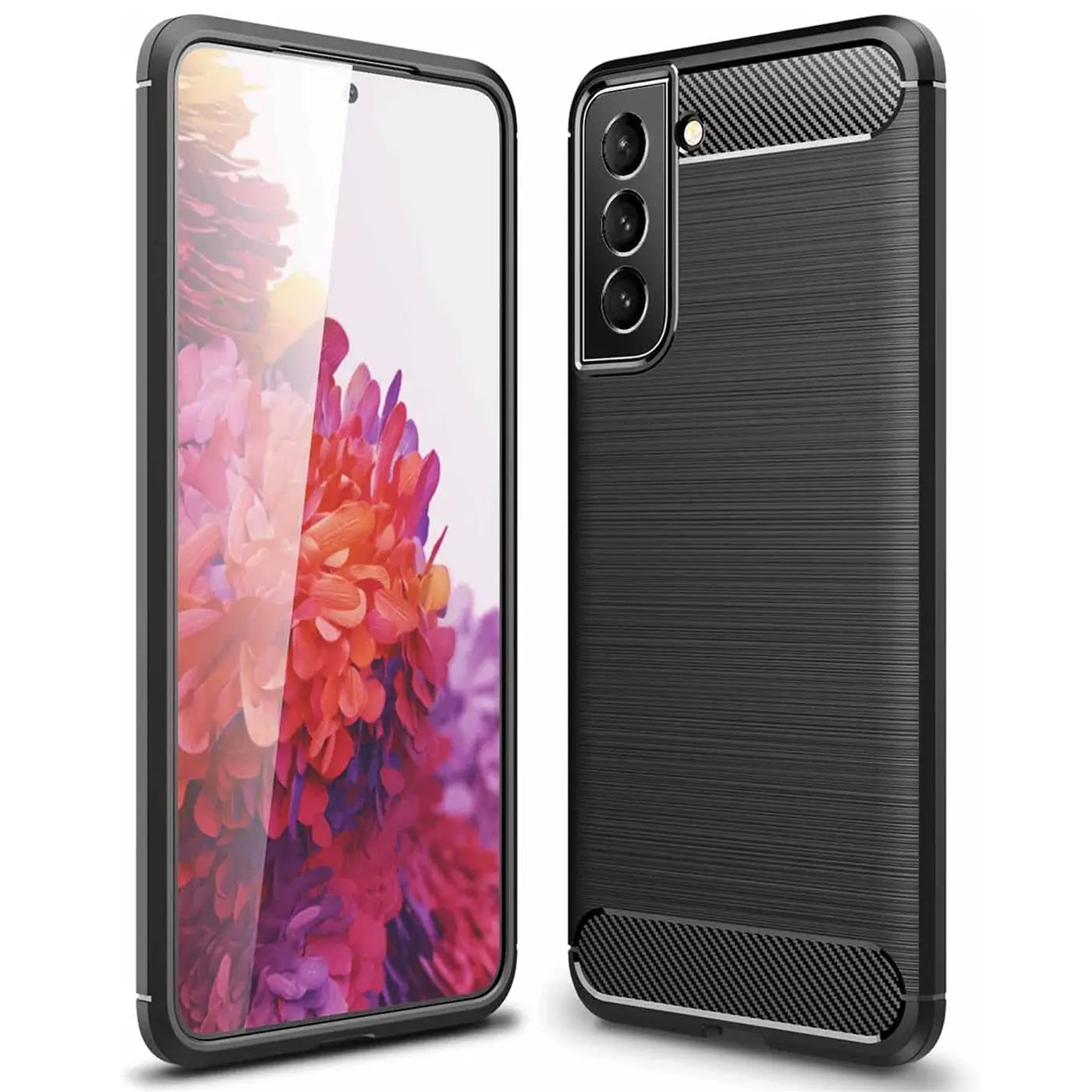 Schwarze Carbon-Hülle für Samsung Galaxy S22, von vorne und hinten gezeigt.