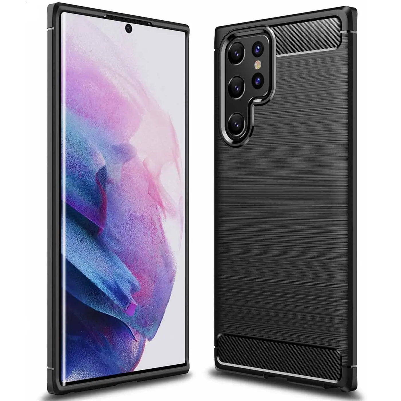 Schwarze Carbon-Hülle, Vorder- und Rückansicht, für Samsung Galaxy S22 Ultra.