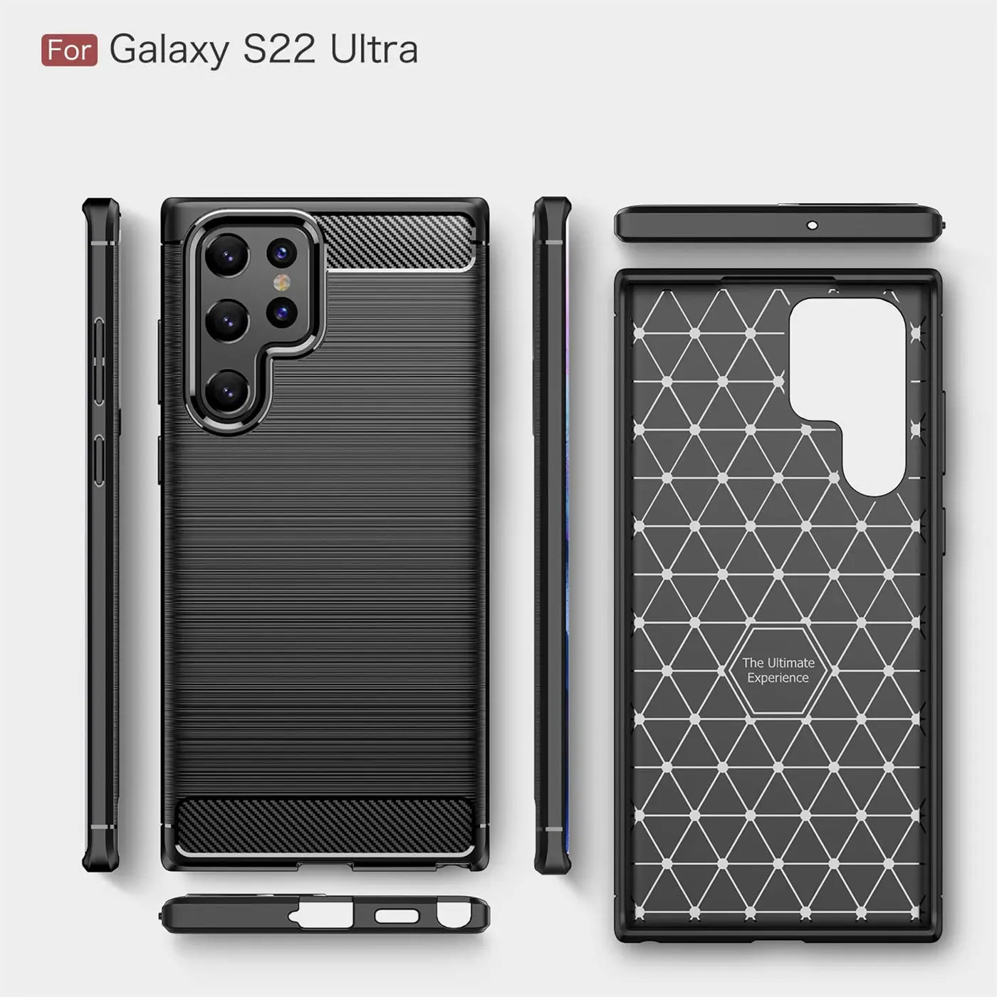 Schwarze Carbon-Hülle für Samsung S22 Ultra, von vorn, Seite, Rückseite, Unterseite.