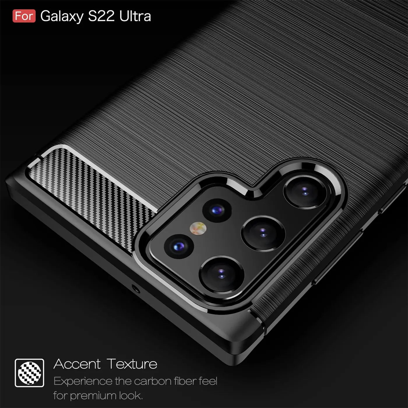 Schwarze Carbon-Hülle für Samsung Galaxy S22 Ultra, Nahaufnahme der Kamera, von oben links