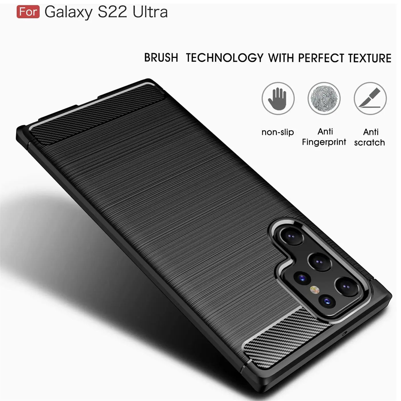 Schwarze Carbon-Hülle für Samsung Galaxy S22 Ultra, von schräg oben gezeigt.