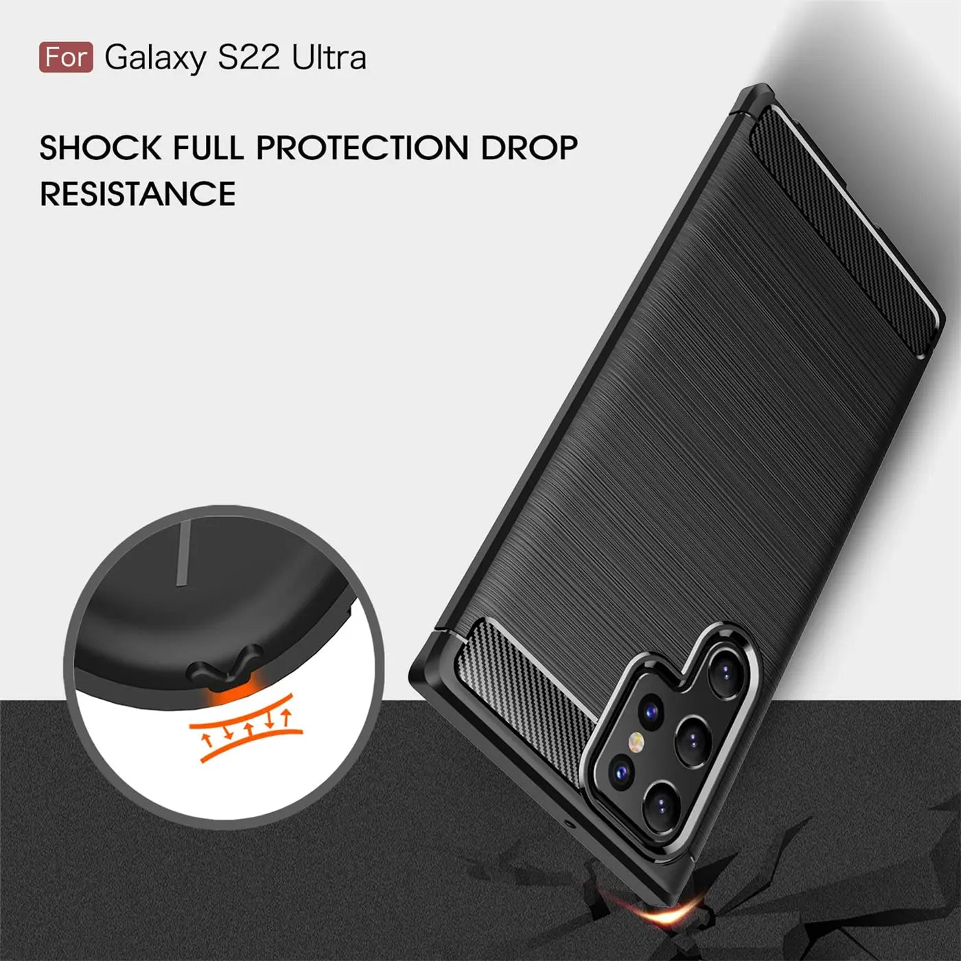 Schwarze Carbon-Hülle mit gebürsteter Textur für Samsung Galaxy S22 Ultra, von schräg oben gezeigt.