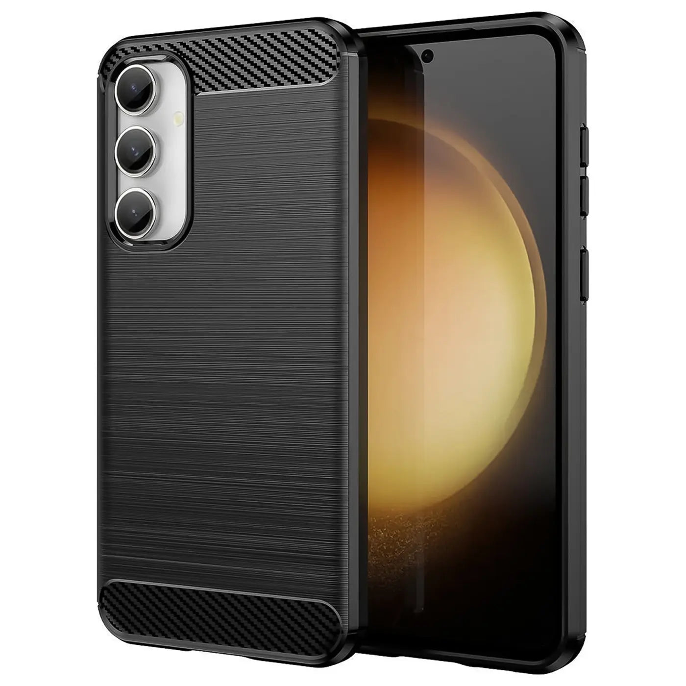 Schwarze Carbon-Hülle mit gebürsteter Textur, seitliche Ansicht, zeigt Samsung Galaxy S23 FE.