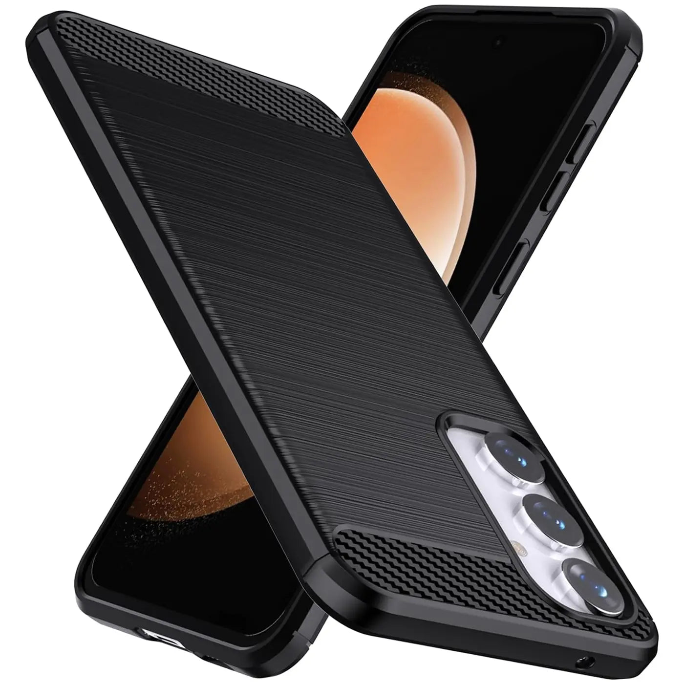 Schwarze Carbon-Hülle mit gebürsteter Textur, schräg von vorne, zeigt Samsung Galaxy S23 FE.