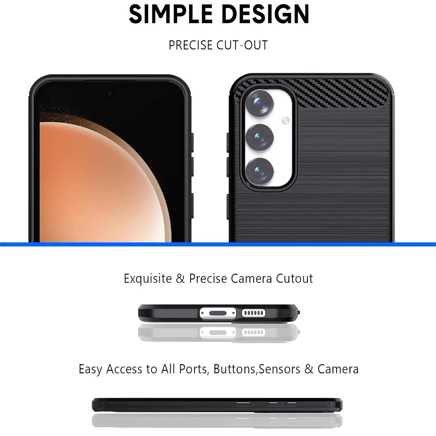 Schwarze Carbon-Hülle für Samsung S23 FE, Seitenansicht und Rückseite mit Kamera.