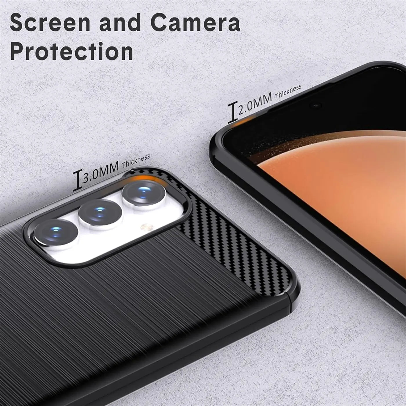 Schwarze Carbon-Hülle mit Kamera- und Displayschutz für Samsung Galaxy S23 FE.