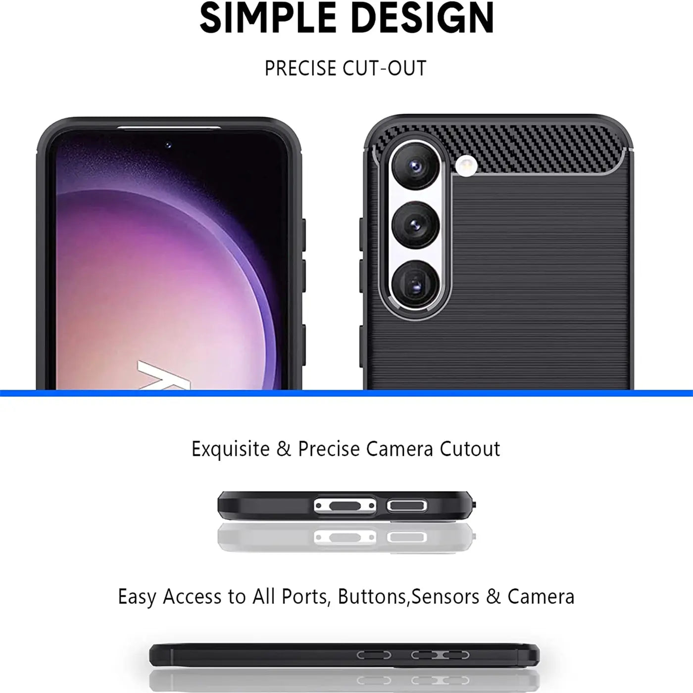 Schwarze Carbon-Hülle für Samsung S23 Plus, Rückansicht & Seitenansicht.