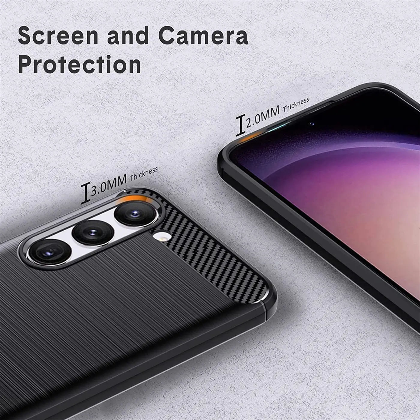 Schwarze Carbon-Hülle mit Kamera-Detail, Nahaufnahme, Samsung S23 Plus.
