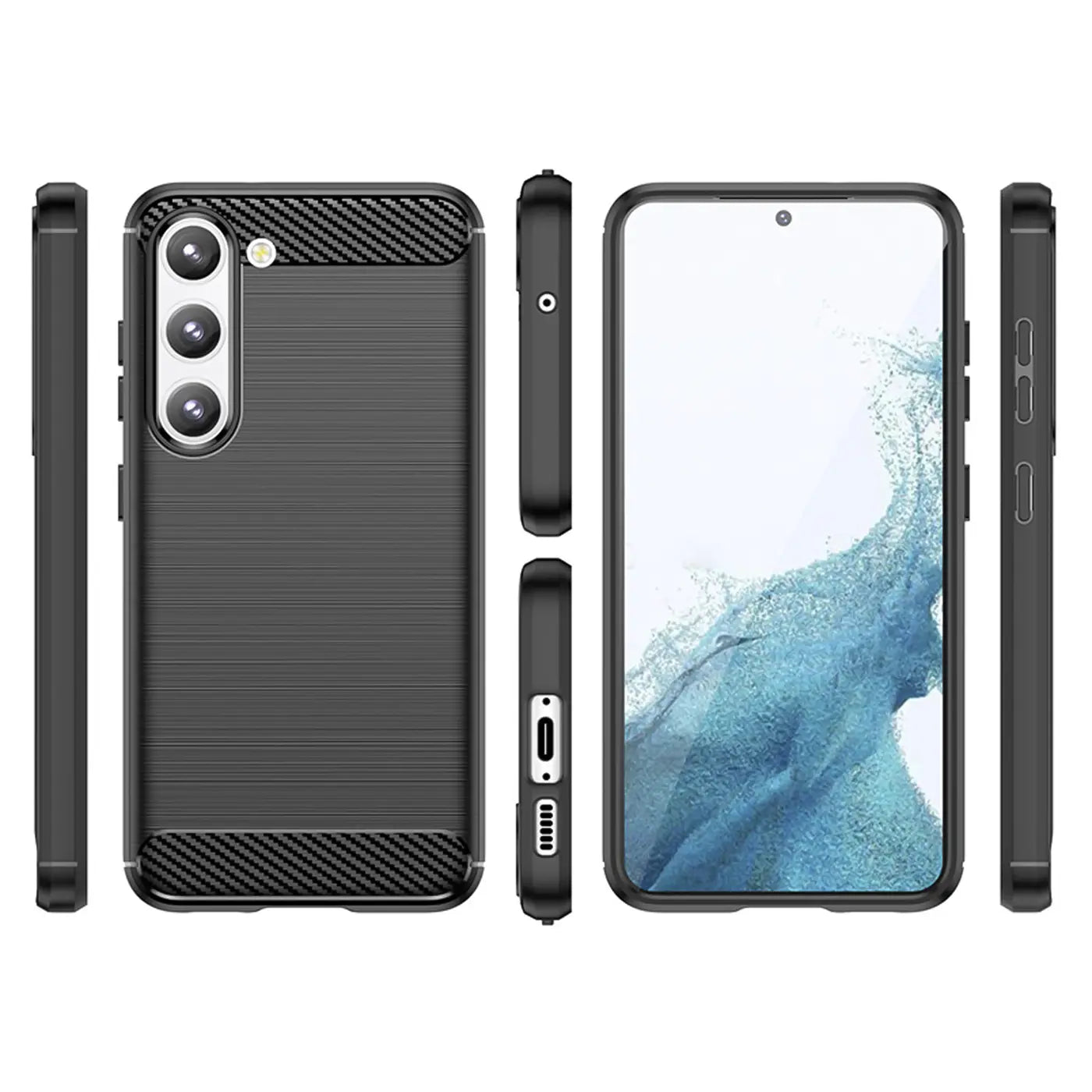 Schwarze Carbon-Hülle, verschiedene Ansichten, Samsung Galaxy S23 Plus.