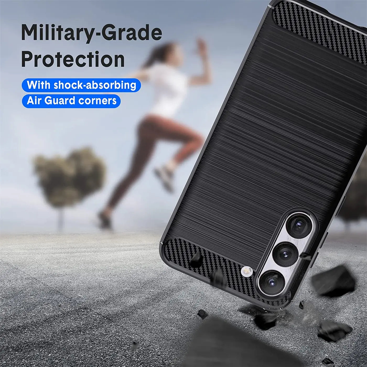 Schwarze Carbon-Hülle für Samsung Galaxy S23, Nahaufnahme, von unten rechts.