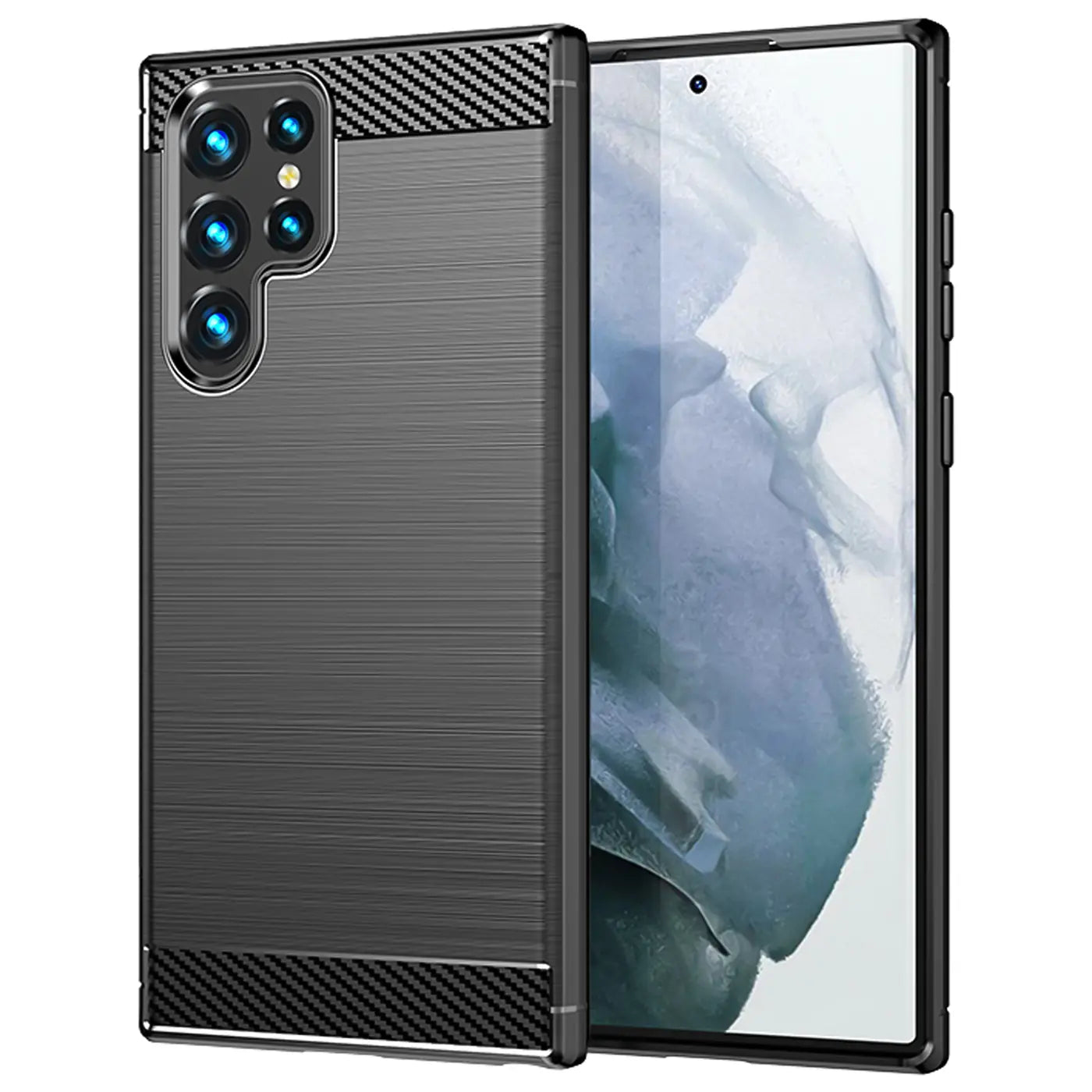 Graue Carbon-Hülle mit gebürsteter Textur für Samsung Galaxy S23 Ultra, Seitenansicht.