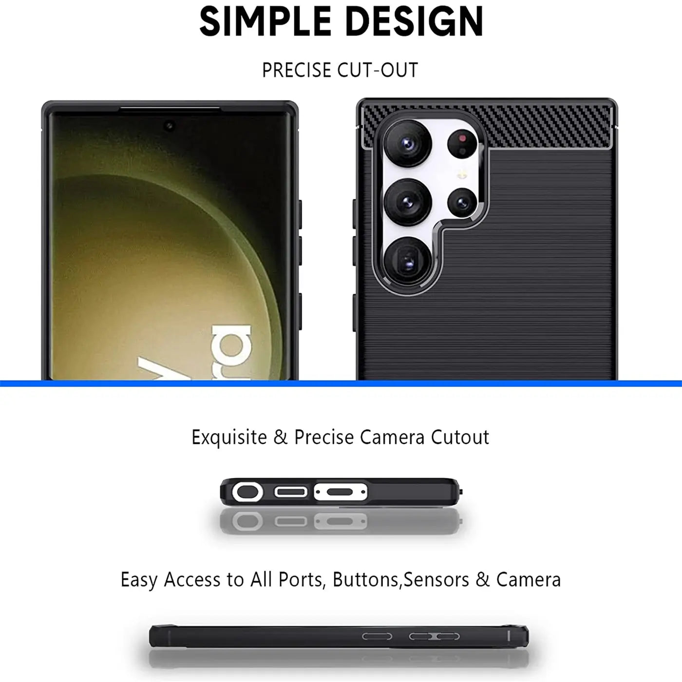Schwarze Carbon-Hülle für Samsung Galaxy S23 Ultra, Rückansicht und Seitenansicht.