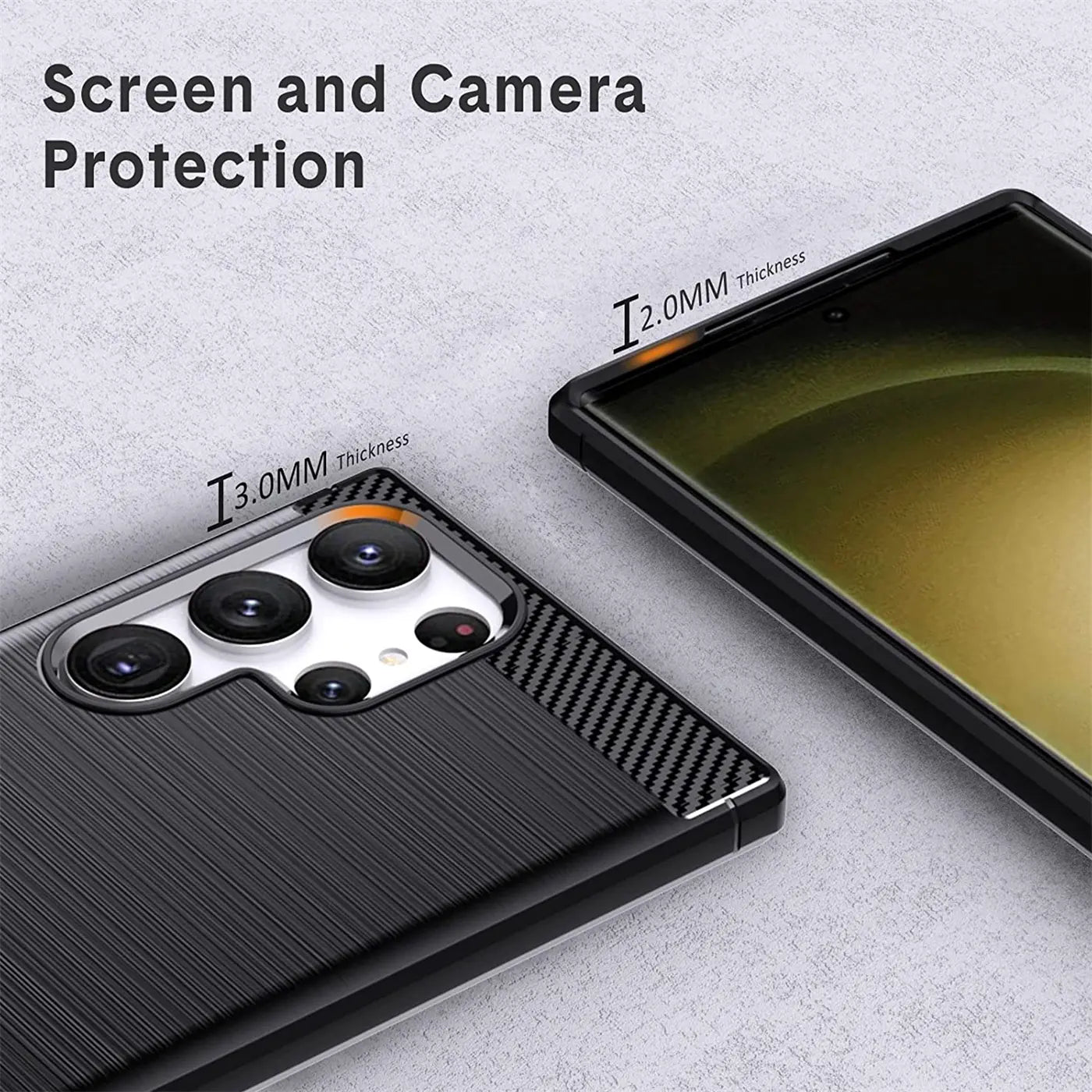 Schwarze Carbon-Hülle mit Kameraausschnitt für Samsung S23 Ultra, Nahaufnahme, von oben.