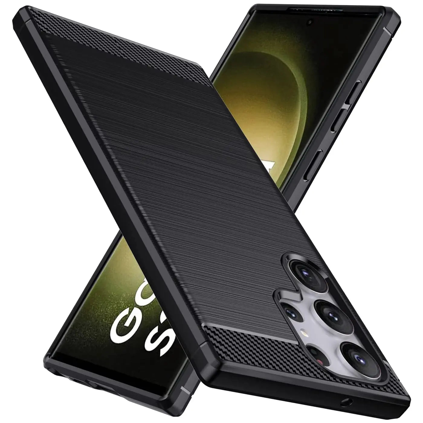 Schwarze Carbon-Hülle, schräg von oben, auf Samsung Galaxy S23 Ultra