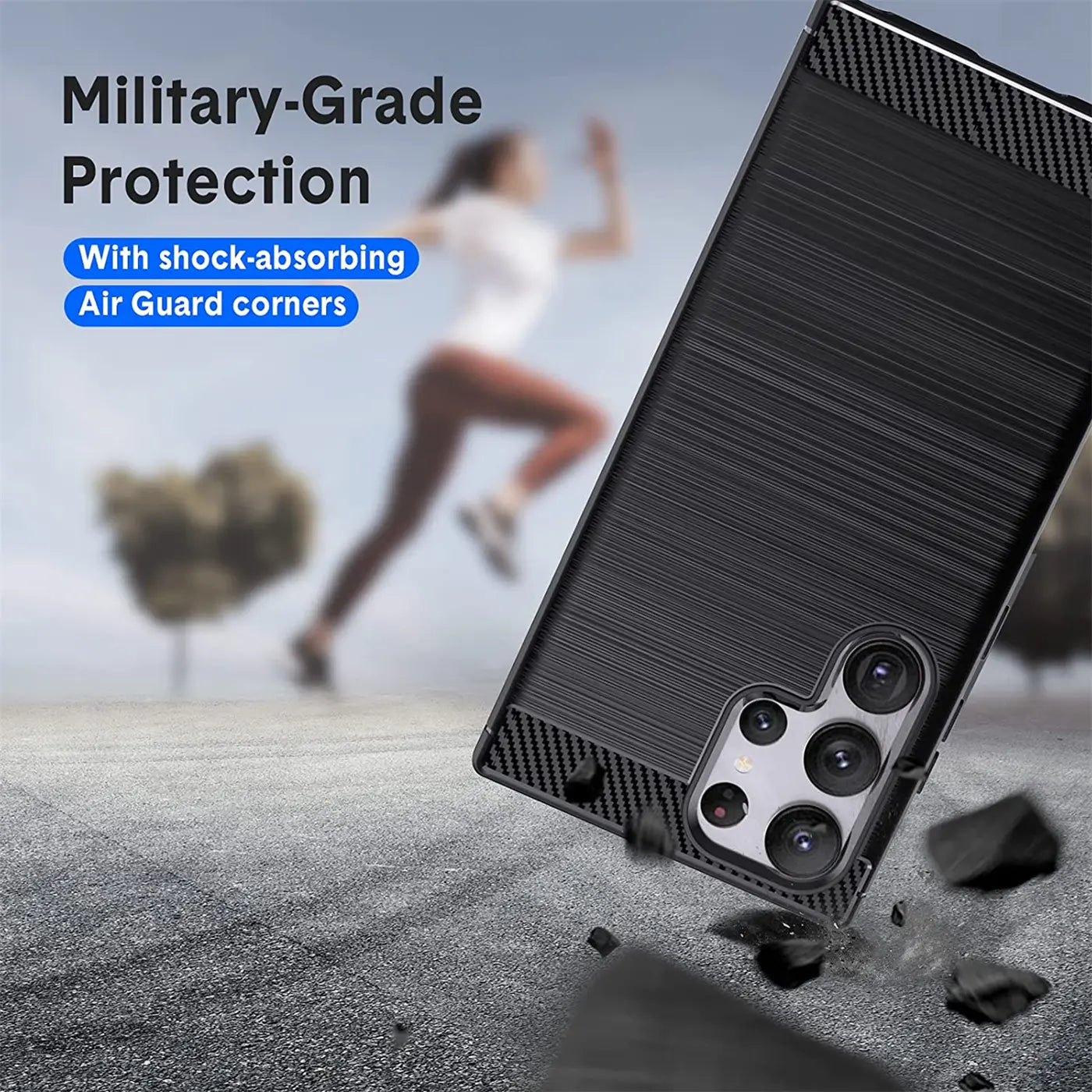 Schwarze Carbon-Hülle, von schräg unten, zeigt Rückseite Samsung S23 Ultra.