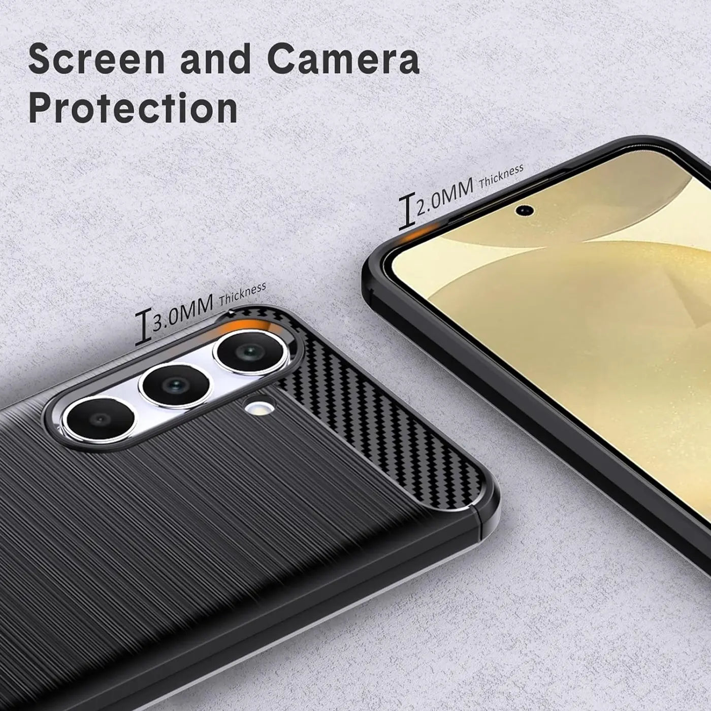 Schwarze Carbon-Hülle für Samsung Galaxy S24 FE, Rückansicht, Nahaufnahme.