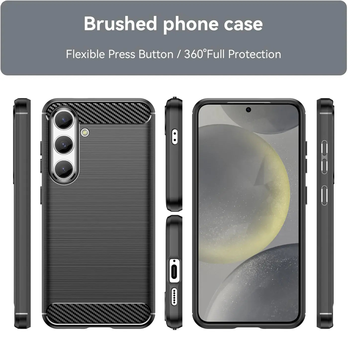Schwarze Carbon-Hülle, verschiedene Ansichten, Samsung Galaxy S24 Plus.