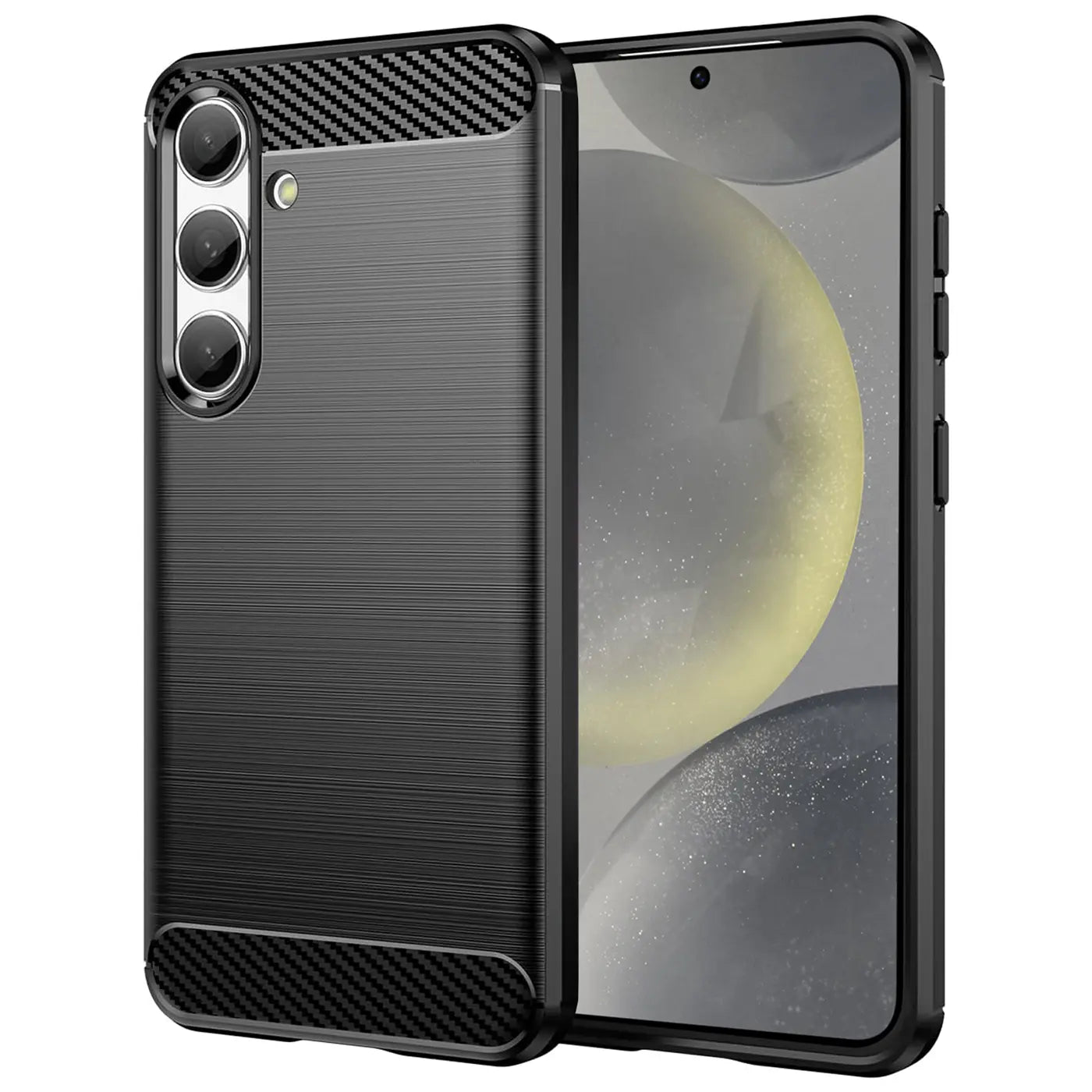 Schwarze Carbon-Hülle für Samsung Galaxy S24, von vorne links gezeigt.