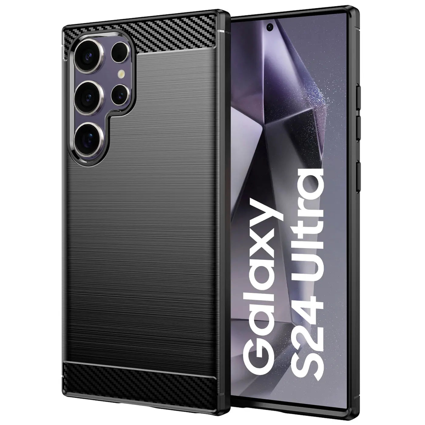 Schwarze Carbon-Hülle mit gebürstetem Metall-Finish, seitliche Ansicht, zeigt Samsung Galaxy S24 Ultra.