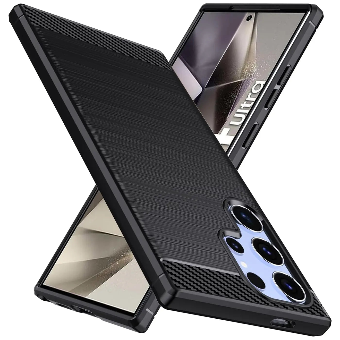 Schwarze Carbon-Hülle für Samsung Galaxy S24 Ultra, seitliche Ansicht.