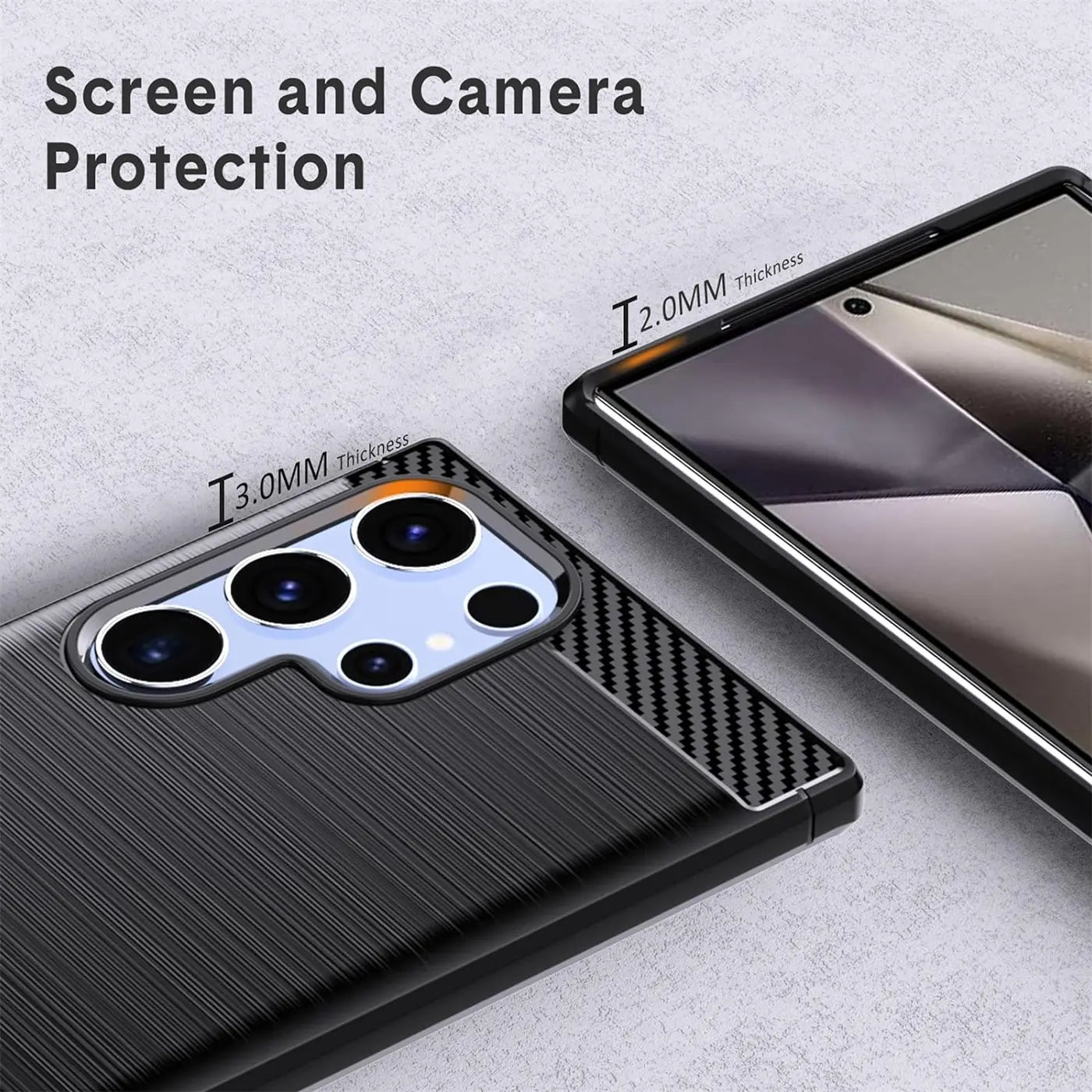Schwarze Carbon-Hülle mit gebürsteter Textur, Nahaufnahme der Kamera und des Bildschirms eines Samsung Galaxy S24 Ultra.