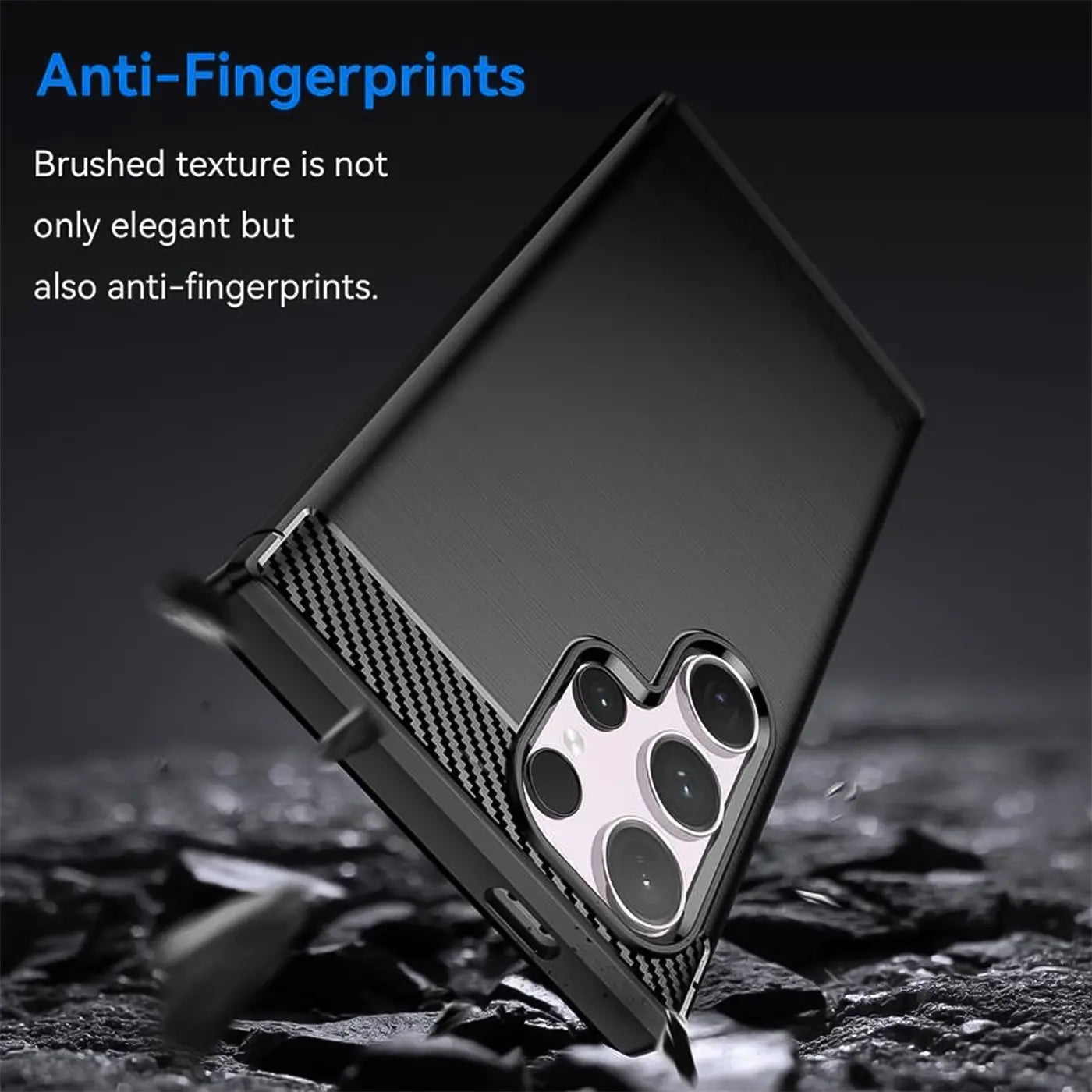 Schwarze Carbon-Hülle mit Muster, seitliche Ansicht, Samsung S24 Ultra Kamera.