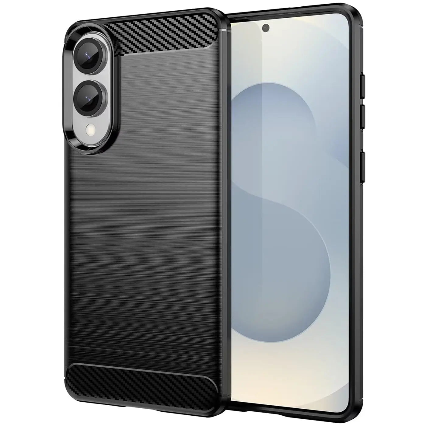 Schwarze Carbon-Hülle mit gebürsteter Oberfläche, schräg von vorne, zeigt Samsung Galaxy S25 Edge.