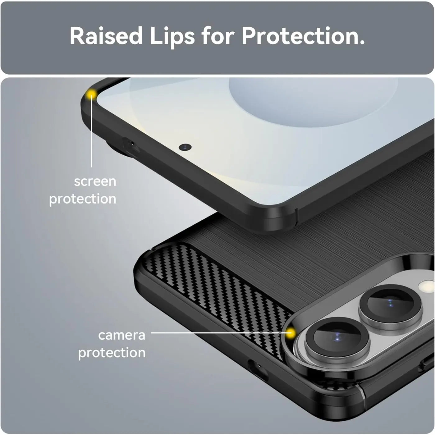 Schwarze Carbon-Hülle mit erhöhten Rändern für Samsung S25 Edge, Nahaufnahme.