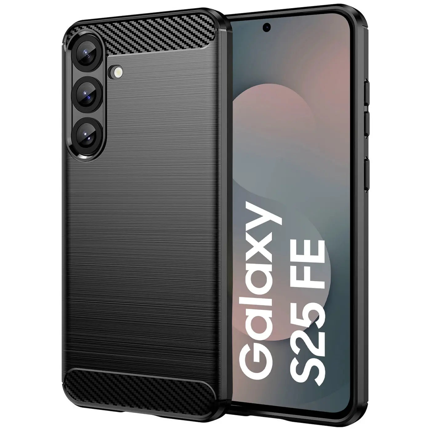 Schwarze Carbon-Hülle, von vorne/leicht schräg, zeigt Samsung Galaxy S25 FE.