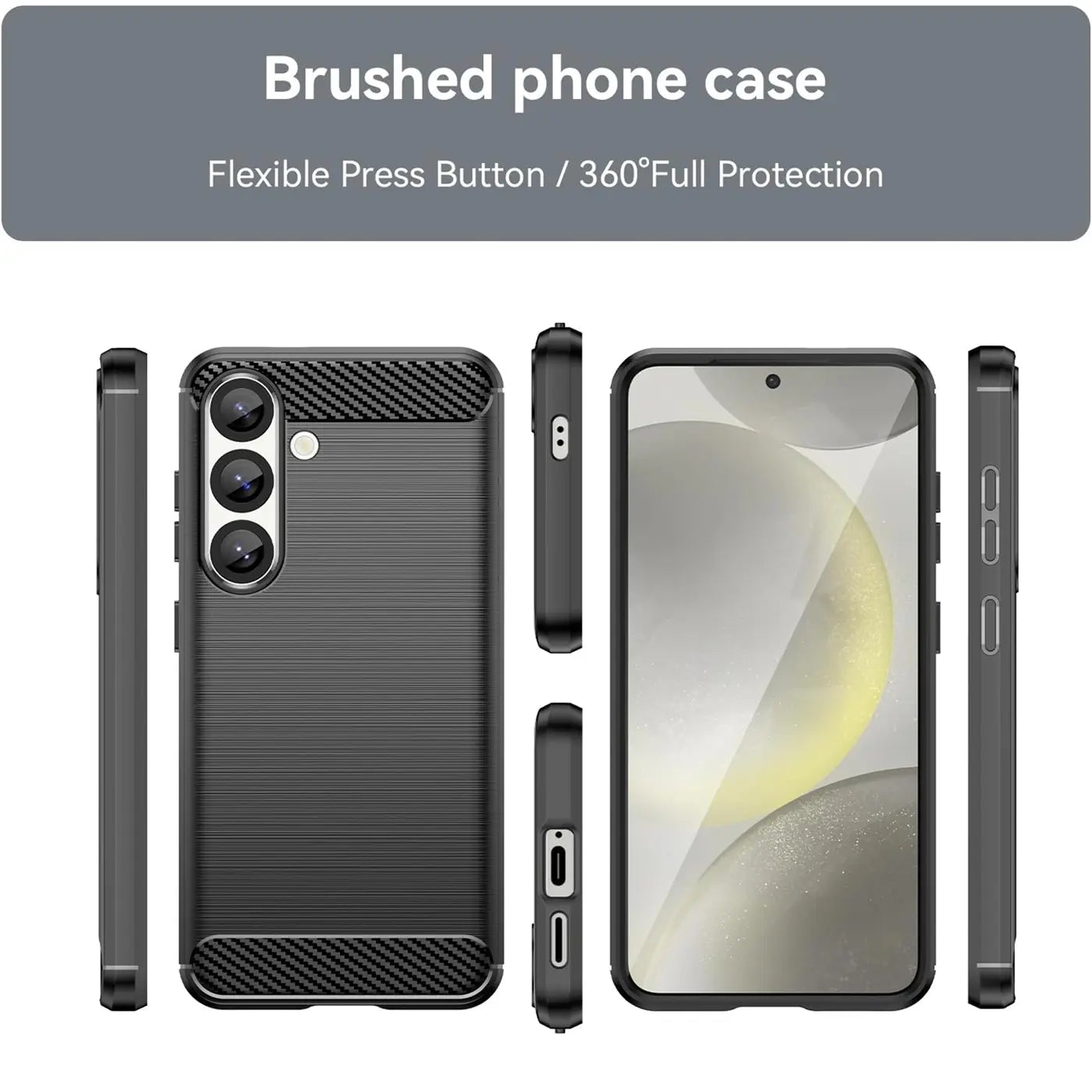 Schwarze Carbon-Hülle, von vorne, Seite, Rückseite und mit Samsung S25 FE.