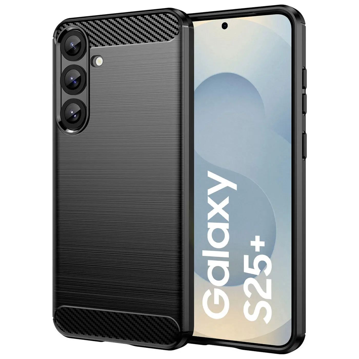Schwarze Carbon-Hülle mit gebürsteter Oberfläche, zeigt Samsung Galaxy S25+ von hinten.