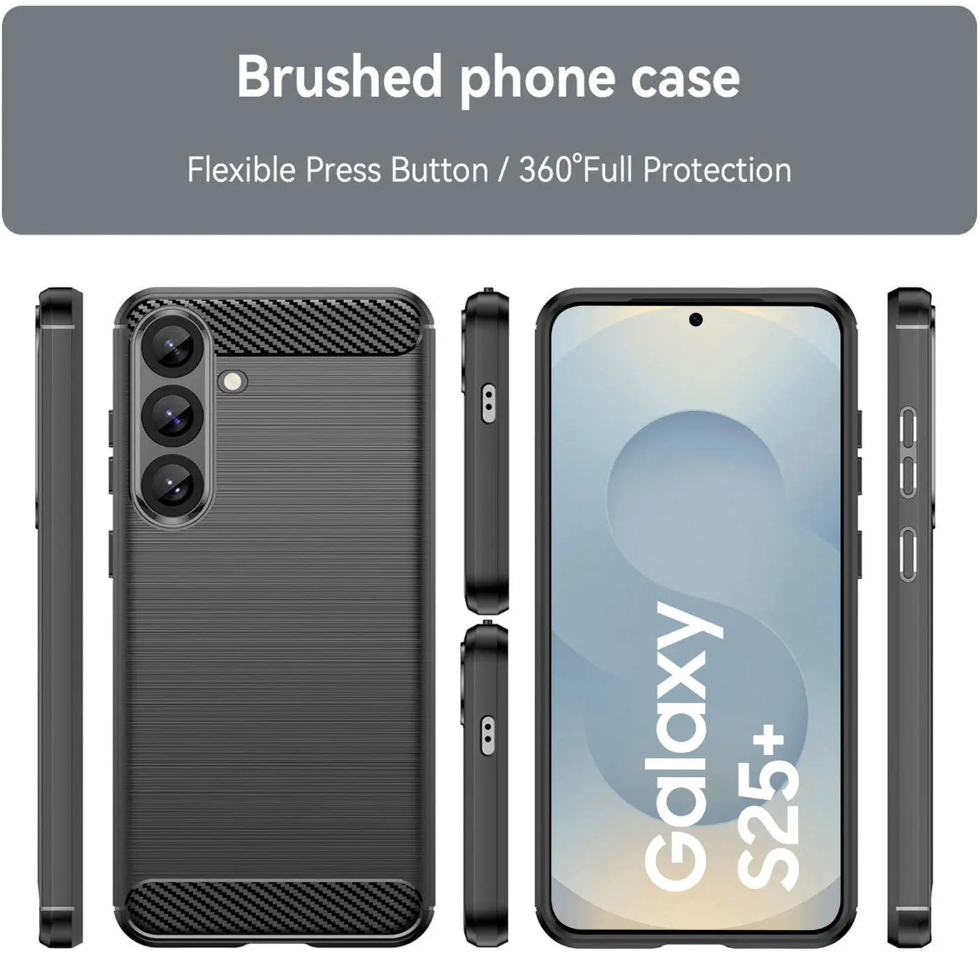 Dunkelgraue Carbon-Hülle, Vorder- und Seitenansicht, Samsung Galaxy S25+ erkennbar.