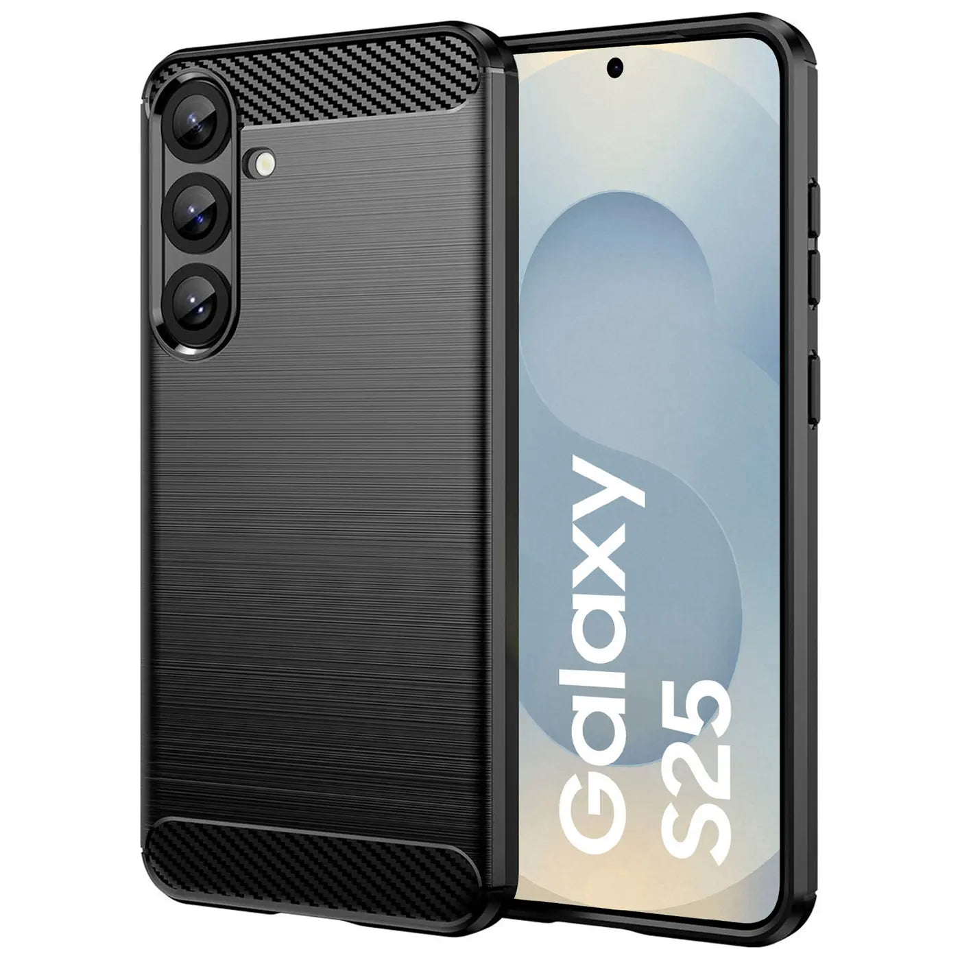 Schwarze Carbon-Hülle, von vorne/leicht schräg, zeigt Samsung Galaxy S25.