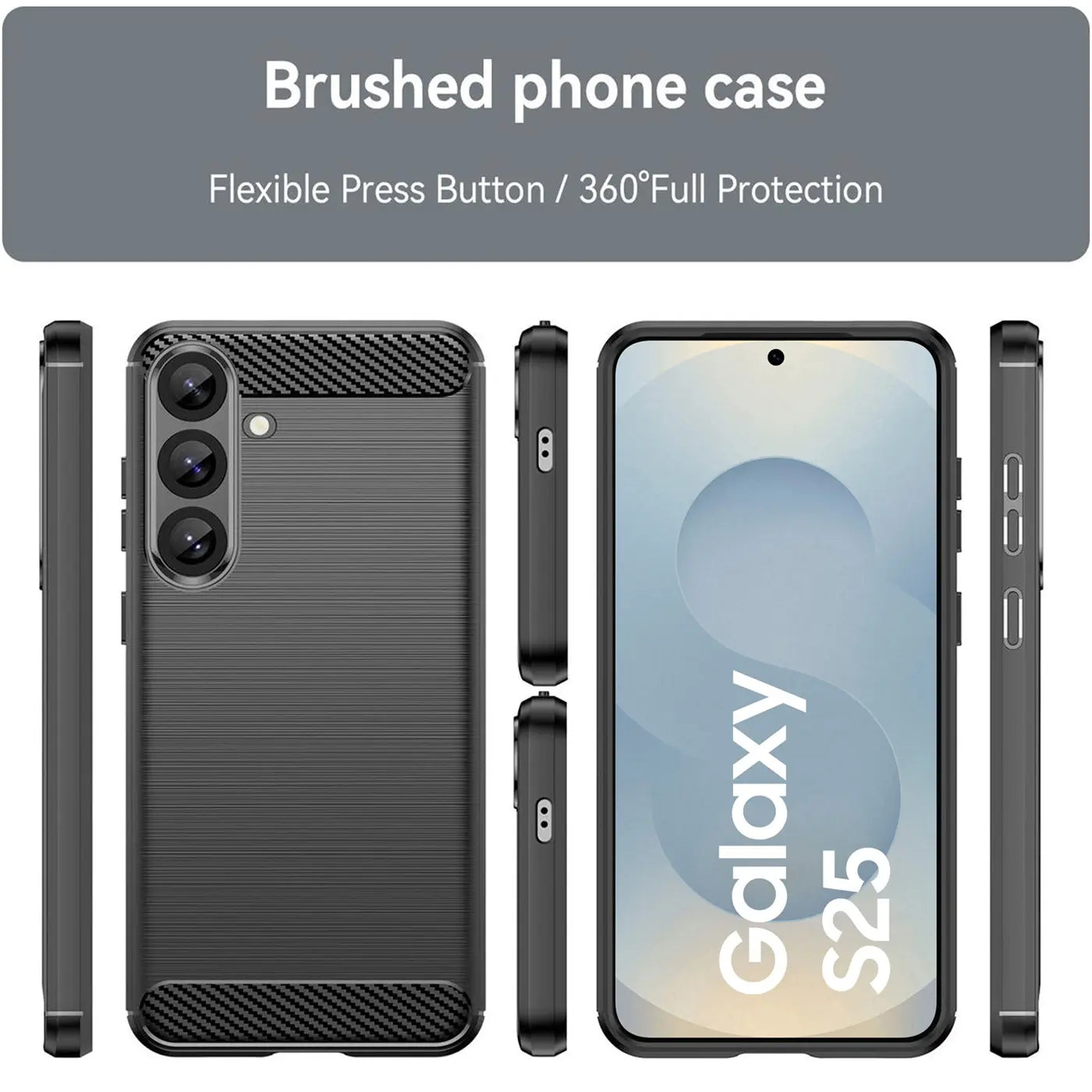 Schwarze Carbon-Hülle, von vorne und Seite, für Samsung Galaxy S25.