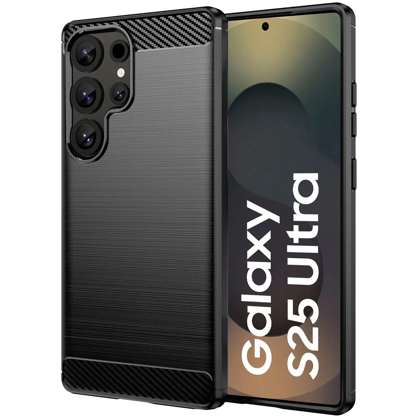 Schwarze Carbon-Hülle mit gebürsteter Textur, von vorne, zeigt Samsung Galaxy S25 Ultra.