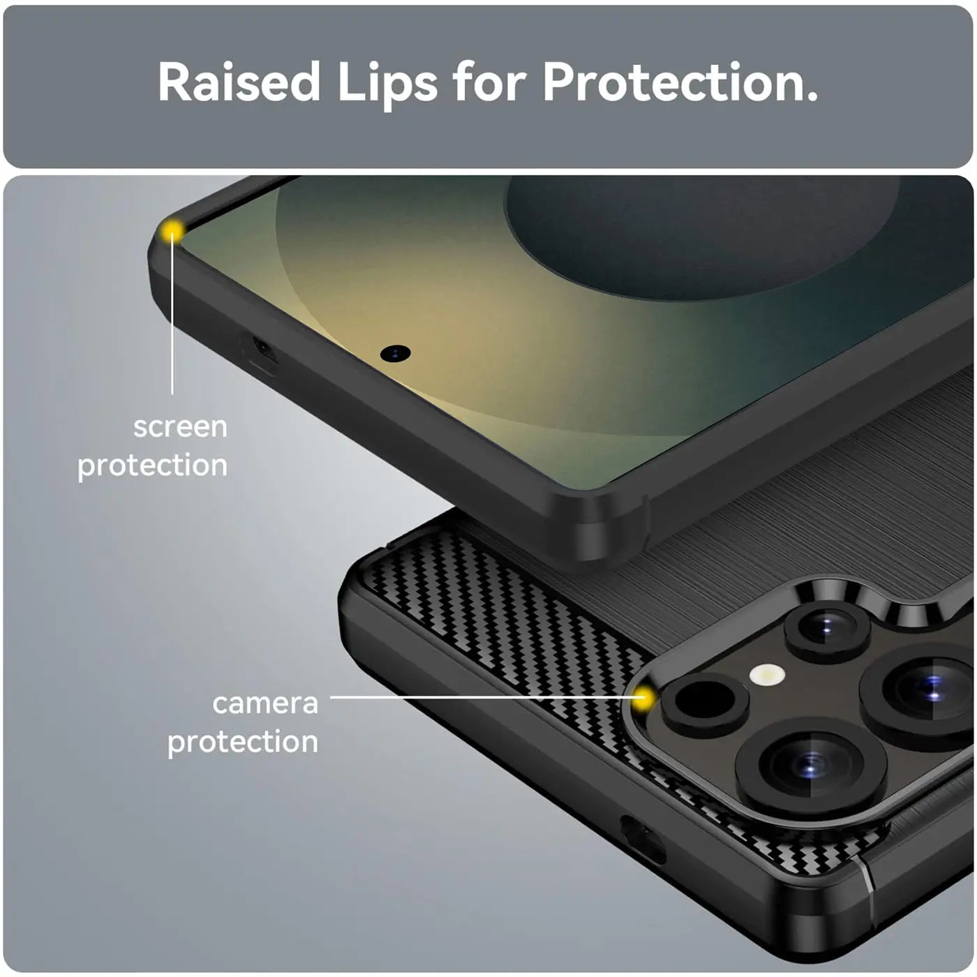 Schwarze Carbon Hülle, Nahaufnahme, Samsung S25 Ultra, erhöhte Kanten für Schutz