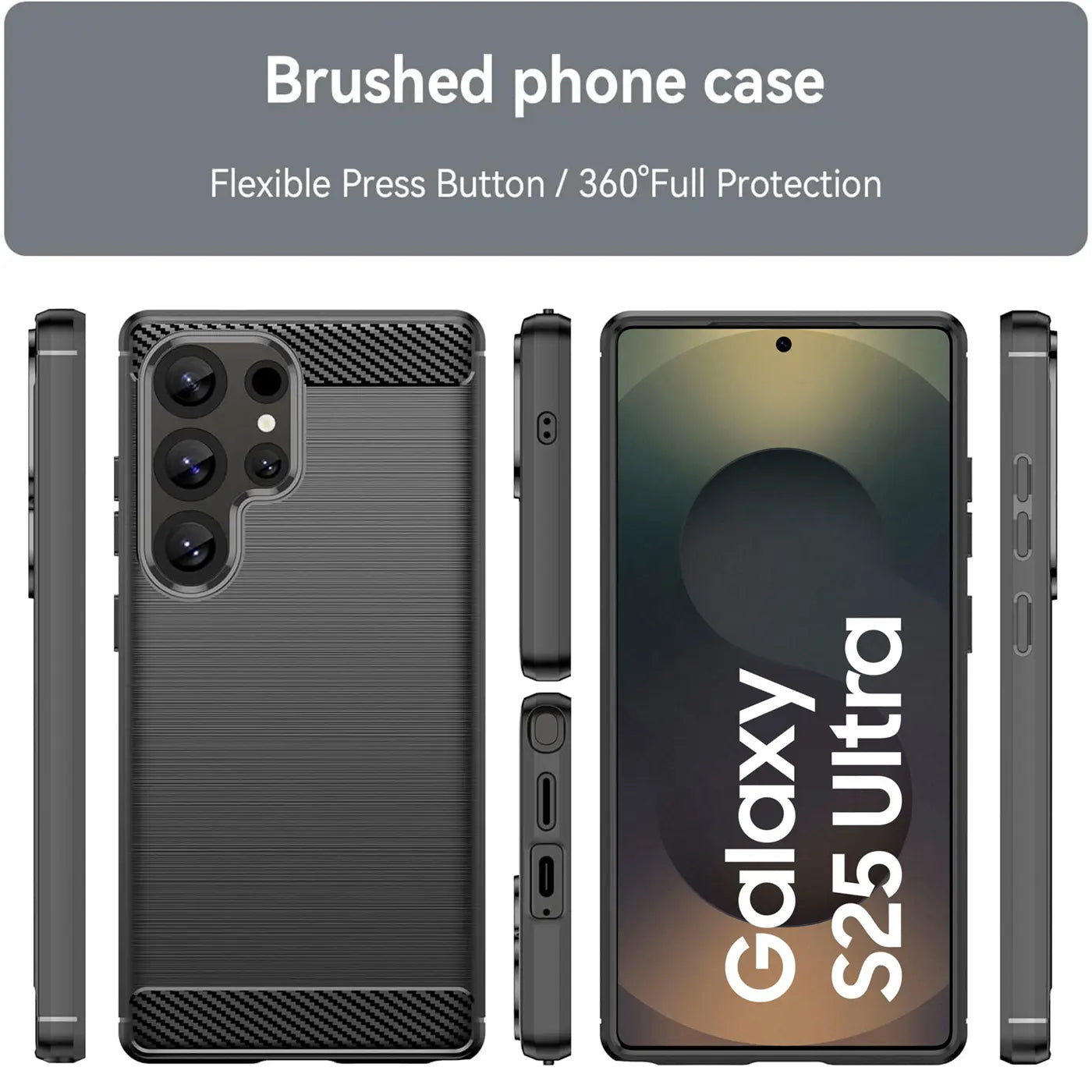 Schwarze Carbon-Hülle, verschiedene Ansichten, Samsung Galaxy S25 Ultra.